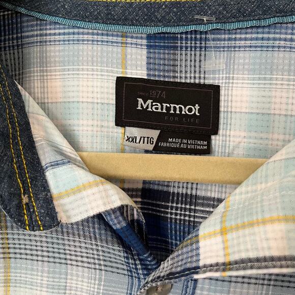 Marmot Mens XXL Blue Plaid Short Sleeve Button Up Shirt Lightweight Spring Navy - Picture 3 of 9